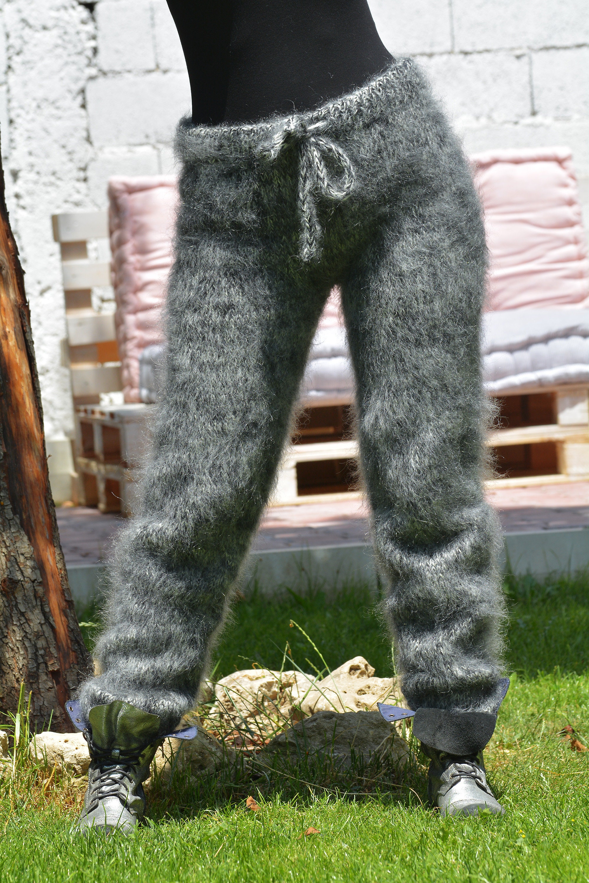 Designer Hand Knitted Mohair Pants Sweater Soft Legwarmers Black Mix  Joggers Fuzzy Leggings MADE to ORDER 