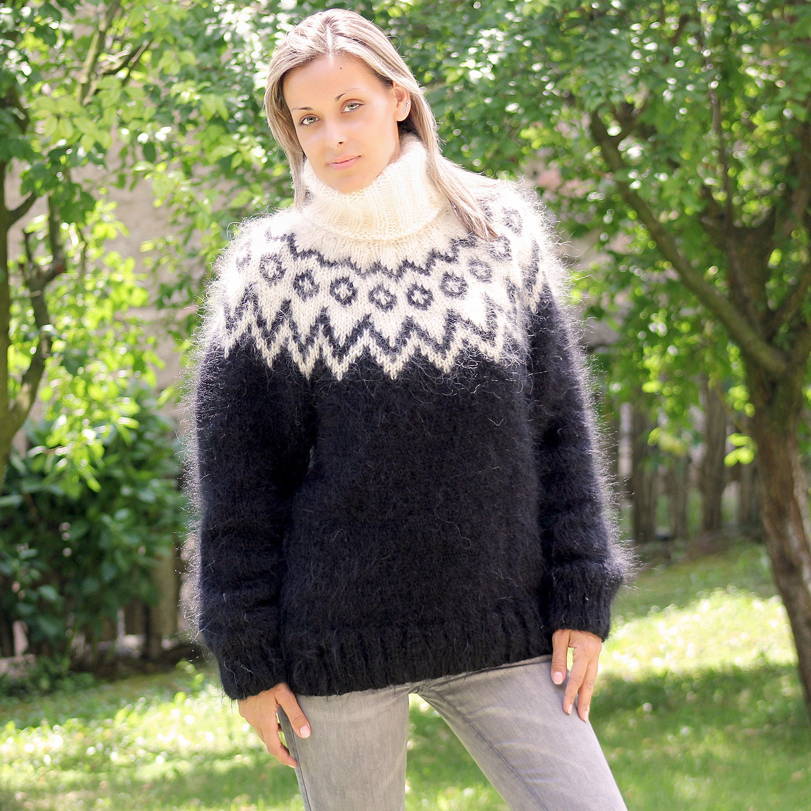 Hand Knitted Mohair Sweater Icelandic Norwegian Black White - Etsy