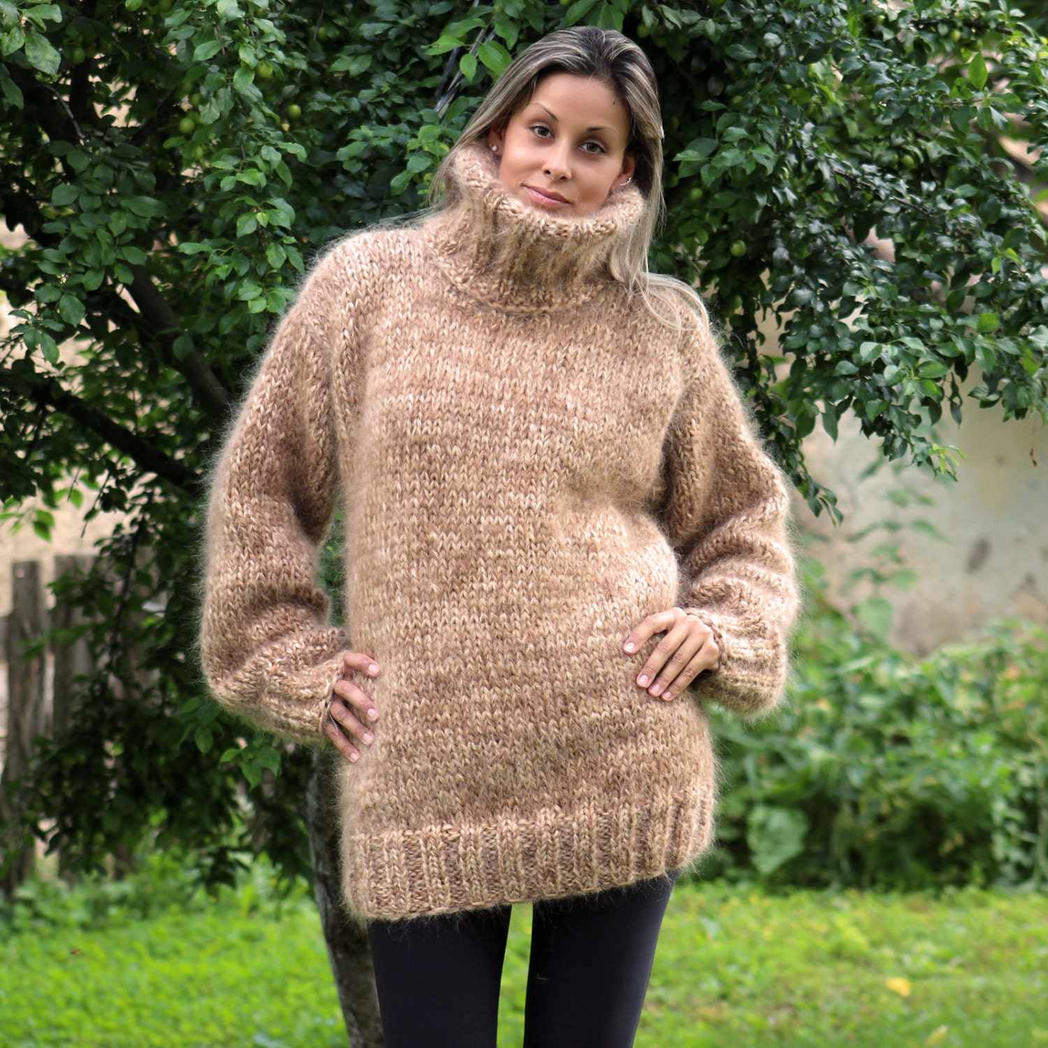 Hand Knitted Mohair Sweater Turtleneck Pullover Beige Mix
