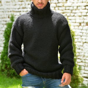 Designer Hand Knitted Wool Sweater Black Soft Turtleneck Jumper Pullover Jersey by EXTRAVAGANTZA