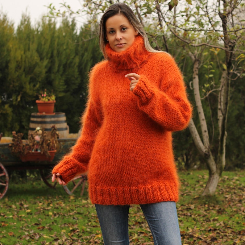 Hand Knit Mohair Sweater Dark Orange Fuzzy Turtleneck Jumper - Etsy