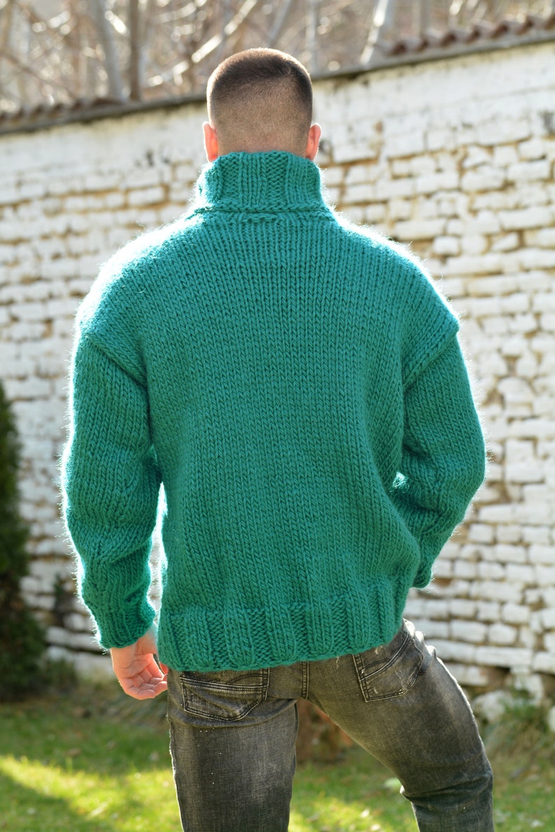 Hand Knitted Wool Sweater, Chunky Jumper, Designer Cable knit Turtleneck, Green Unisex Wool Pullover by Extravagantza image 4