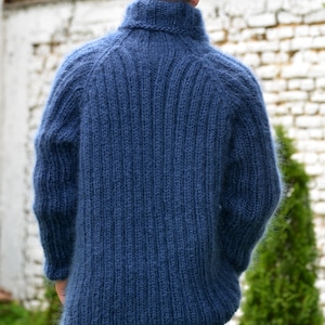 Hand Knitted Mohair Sweater, Ribbed Navy Blue Designer Turtleneck, Fuzzy Jumper, Blue Men Pullover by Extravagantza READY to SHIP image 3