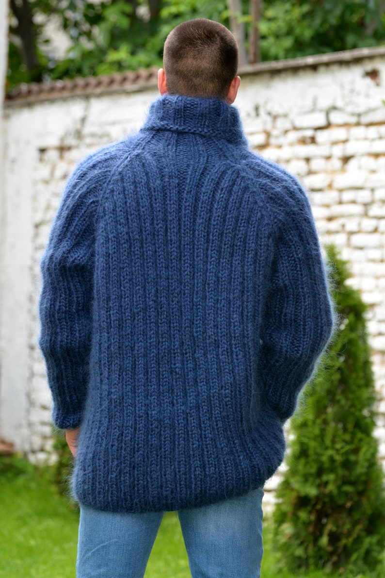 Hand Knitted Mohair Sweater, Ribbed Navy Blue Designer Turtleneck, Fuzzy Jumper, Blue Men Pullover by Extravagantza READY to SHIP image 3
