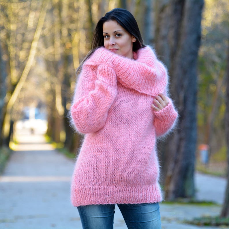 Designer Hand Knitted Mohair Sweater Pink Turtleneck Fuzzy | Etsy