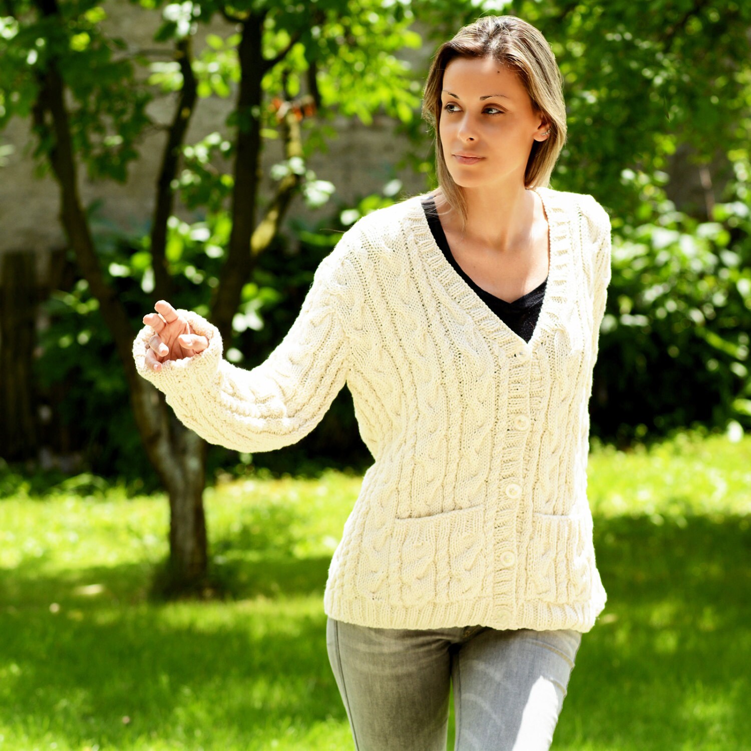 Hand Knit Cardigan Cotton and Bamboo 