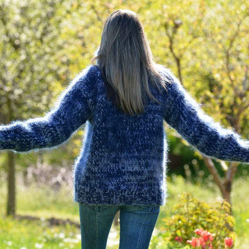 10 strands Hand Knitted Mohair Sweater, Blue mix Thick Turtleneck Jumper, Pullover Designer EXTRAVAGANTZA image 3