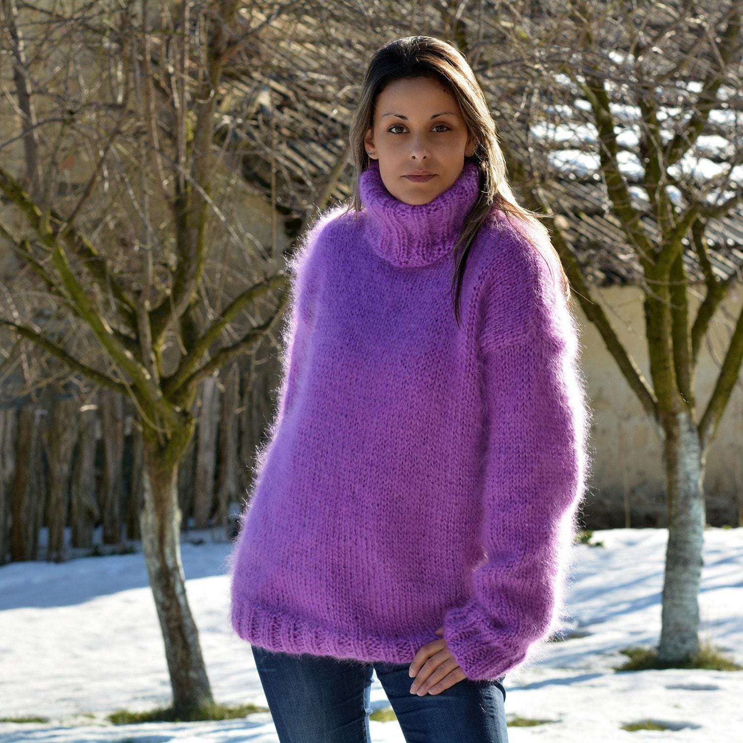 Purple Sweater, Hand Knit Mohair Pullover Fuzzy Turtleneck Jumper