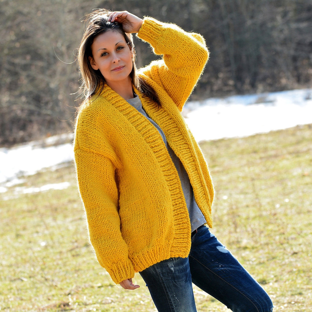 Hand Knitted 100% Wool Cardigan Oversized Yellow Designer Coat Sweater Wrap  by EXTRAVAGANTZA