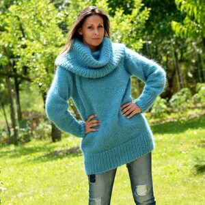 Cowl neck Sweater, Hand Knitted Mohair Pullover, Turtleneck Blue Fuzzy Jumper Jersey by EXTRAVAGANTZA image 4