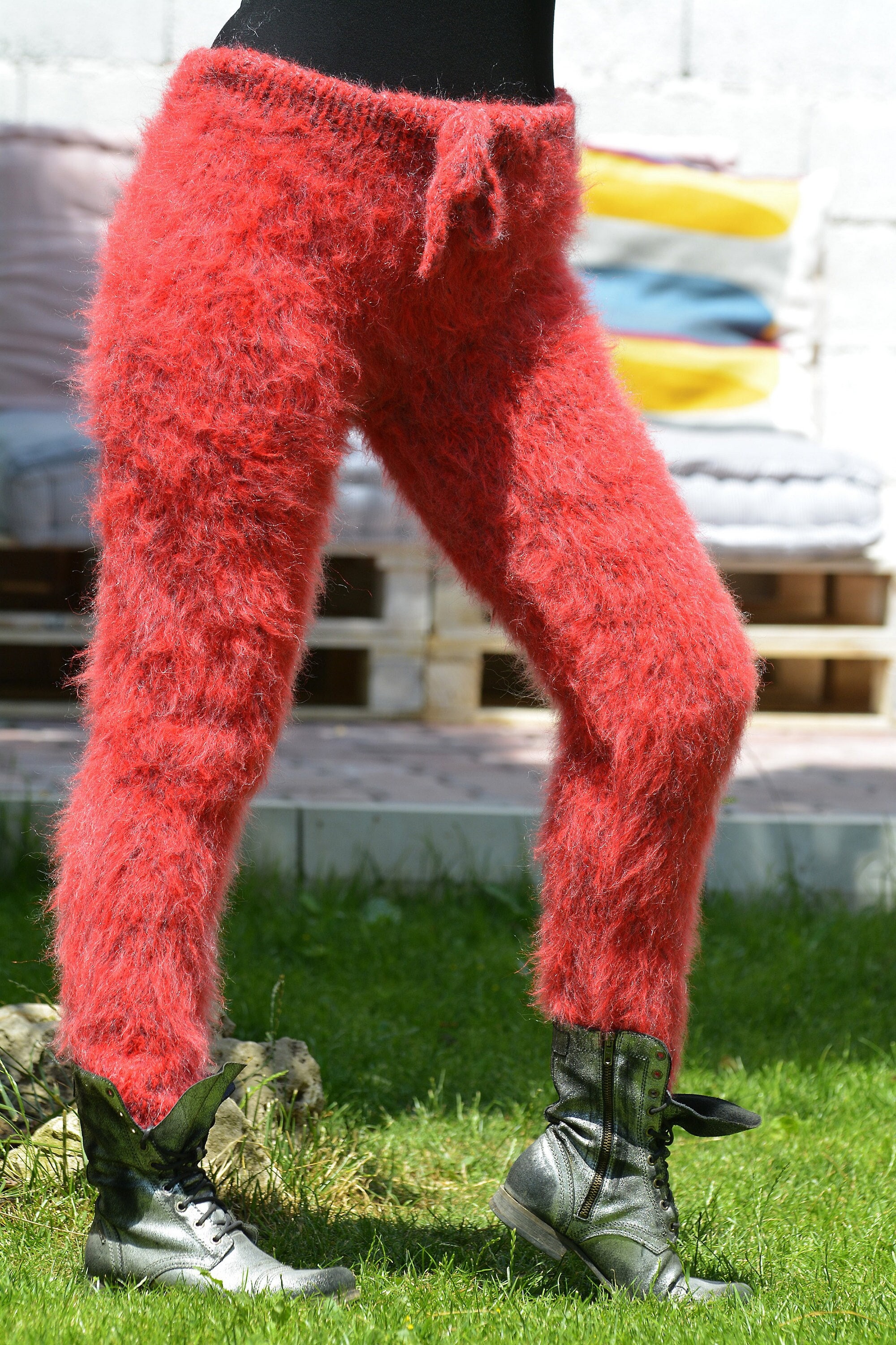 Designer Hand Knitted Mohair Pants, Red Legwarmers, Plain Sweat