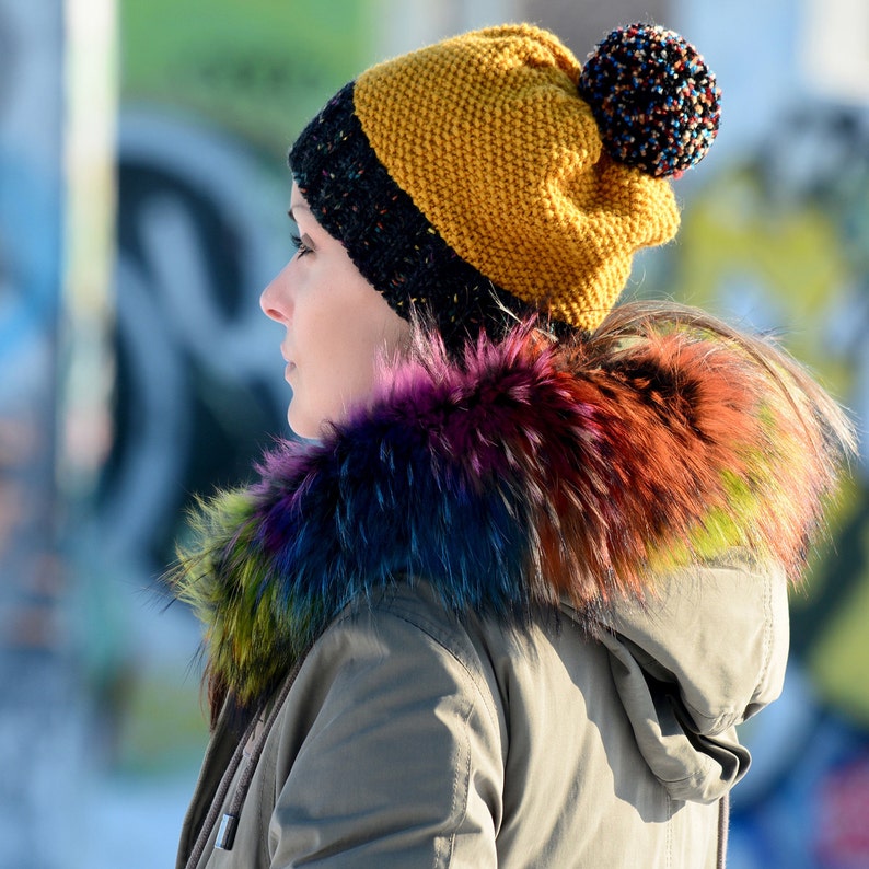 Hand Knitted Hat Chunky Wool Pom Pom Yellow Multicolor Designer Black Winter Soft Winter Hat Head Warmer by EXTRAVAGANTZA image 1