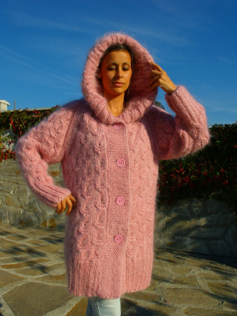 Hand Knit Mohair Cardigan Hooded Pink Thick Fuzzy Coat Fluffy - Etsy