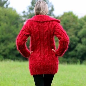 Hand Knit Mohair Cardigan Turtleneck Red Thick Fuzzy Coat Fluffy Cable Mix Sweater Jacket by Extravagantza image 2