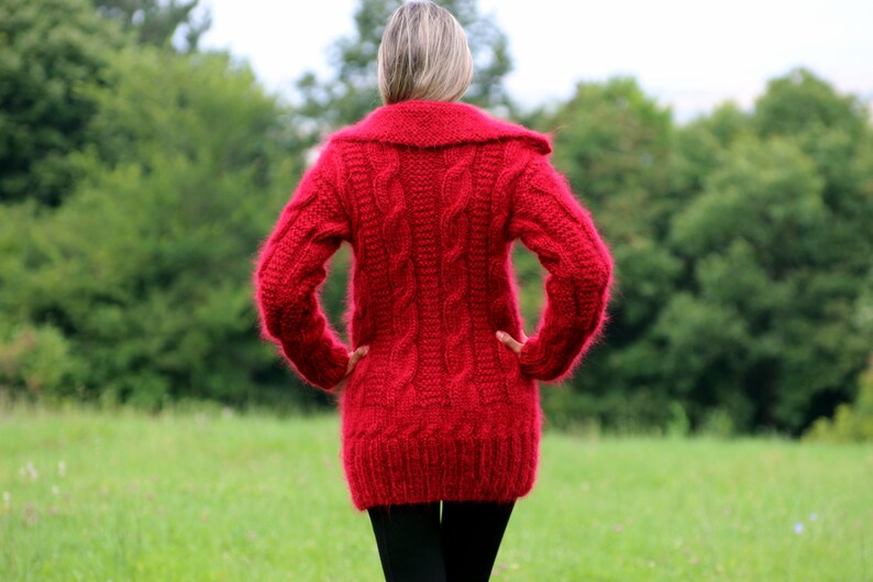 Hand Knit Mohair Cardigan Turtleneck Red Thick Fuzzy Coat Fluffy Cable Mix Sweater Jacket by Extravagantza image 2