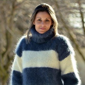 Hand Knit Mohair Sweater White Blue Stripes Fuzzy Turtleneck Jumper Pullover Jersey by EXTRAVAGANTZA MADE to ORDER