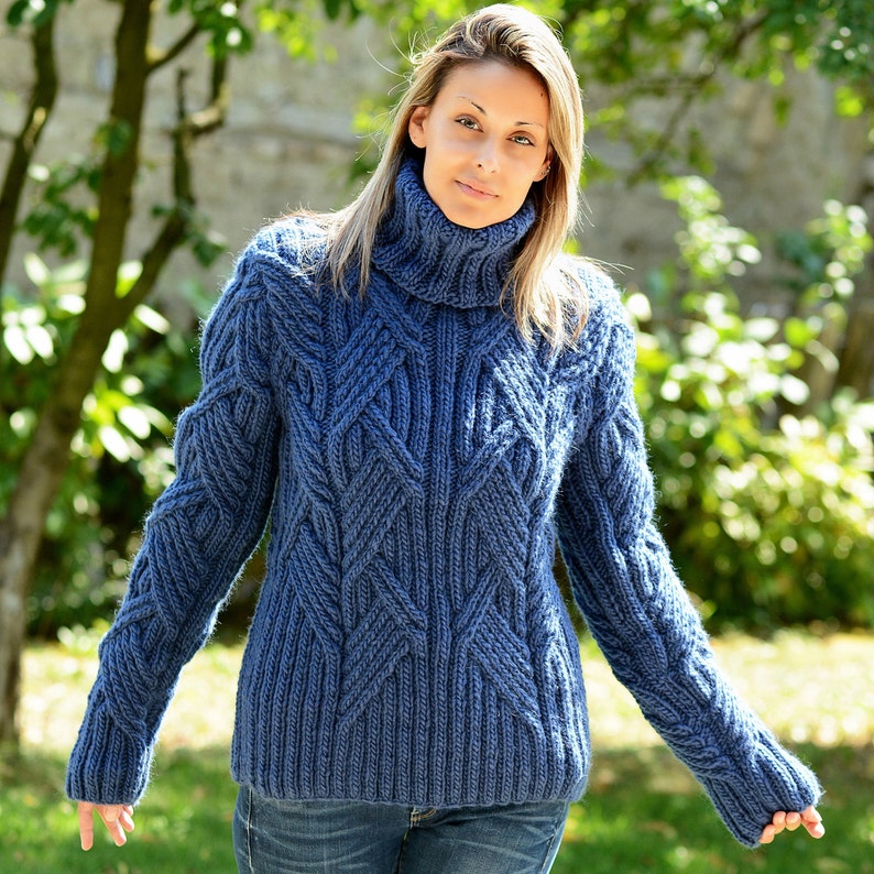 Thick Cable Hand Knit 100% WOOL Turtleneck Sweater Denim Blue Fuzzy Jumper Jersey by Extravagantza image 6