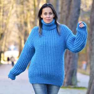 Turtleneck Sweater, Wool Pullover, Blue Ribbed Soft Hand Knitted Jumper by Extravagantza