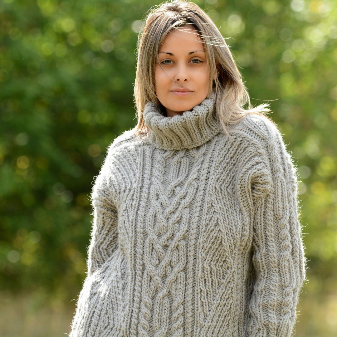 Thick Cable Hand Knit 100% WOOL Turtleneck Sweater Grey Fuzzy Jumper ...