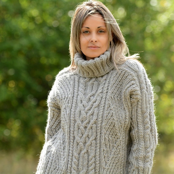 Thick Cable Hand Knit 100% WOOL Turtleneck Sweater Grey Fuzzy Jumper Jersey  by Extravagantza -  UK