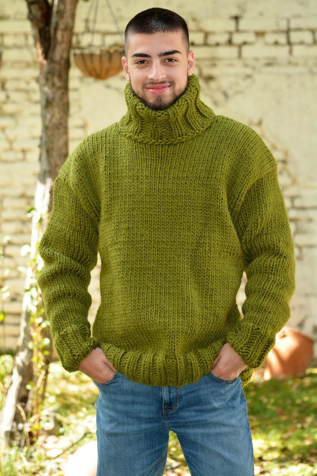 Designer Hand Knitted Wool Sweater, Soft Turtleneck Jumper, Olive