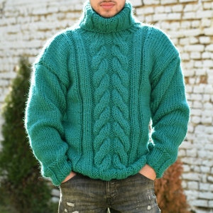 Hand Knitted Wool Sweater, Chunky Jumper, Designer Cable knit Turtleneck, Green Unisex Wool Pullover by Extravagantza image 7