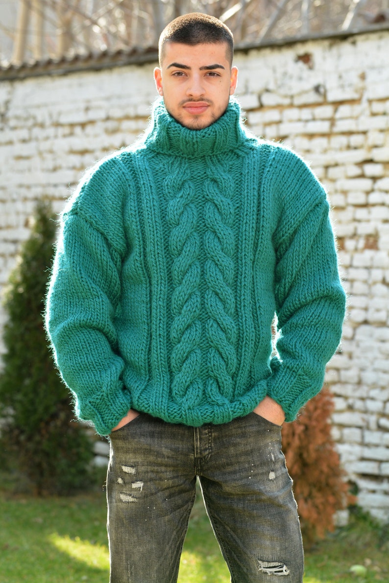 Hand Knitted Wool Sweater, Chunky Jumper, Designer Cable knit Turtleneck, Green Unisex Wool Pullover by Extravagantza image 7