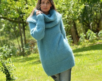 Cowl neck Sweater, Hand Knitted Mohair Pullover, Turtleneck Blue Fuzzy Jumper Jersey by EXTRAVAGANTZA