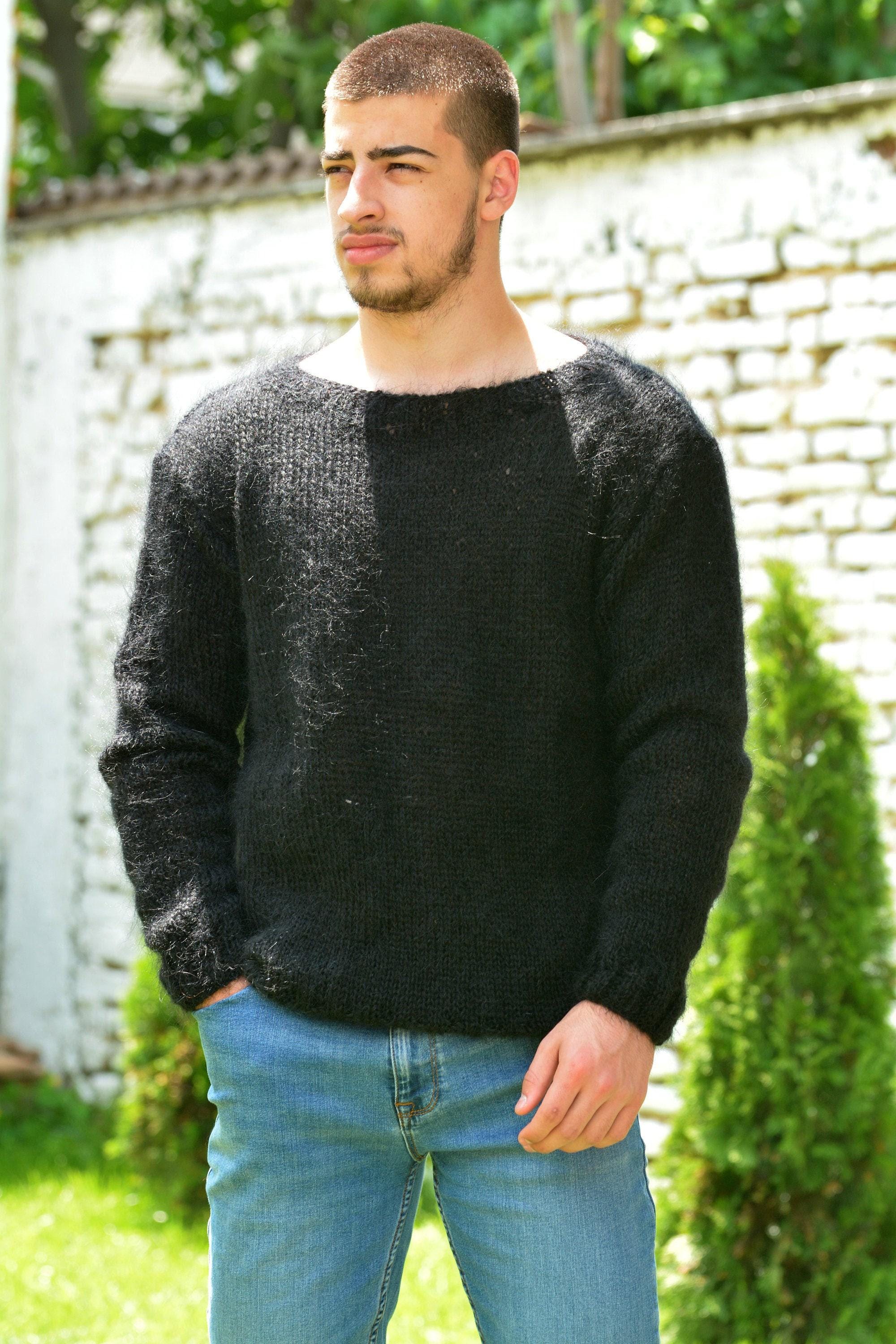 Hand Knit Mohair Sweater Black color Fuzzy Crew neck Jumper Pullover Jersey by Extravagantza