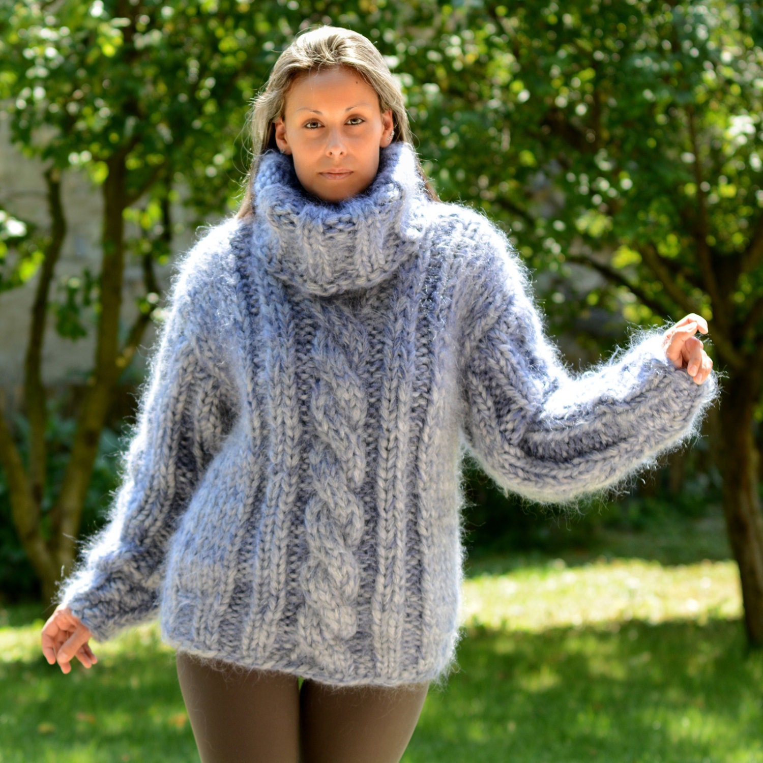 Hand Knit Mohair Sweater Light Gray 