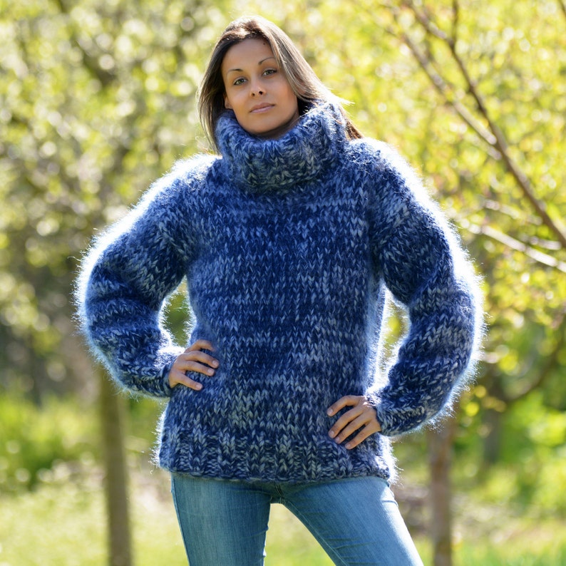 10 strands Hand Knitted Mohair Sweater, Blue mix Thick Turtleneck Jumper, Pullover Designer EXTRAVAGANTZA image 5