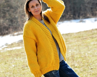 Hand Knitted 100% Wool Cardigan Oversized Yellow Designer Coat Sweater Wrap by EXTRAVAGANTZA