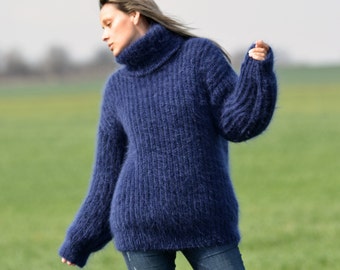 Hand Knitted Mohair Ribbed Sweater, Navy Blue Designer Turtleneck Fuzzy Jumper Pullover by Extravagantza