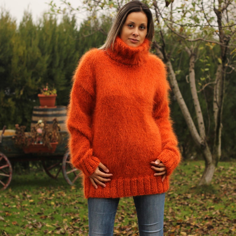 Hand Knit Mohair Sweater Dark Orange Fuzzy Turtleneck Jumper - Etsy