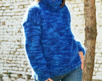 Mohair Sweater, Hand Knitted Pullover, Blue mix Soft Turtleneck Jumper Jersey by EXTRAVAGANTZA