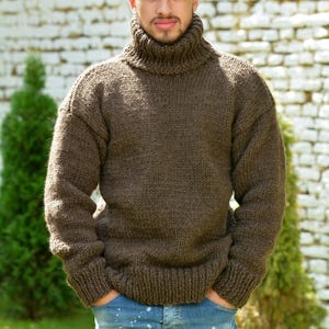Designer Hand Knitted Wool Sweater Brown Itchy Thick Turtleneck Jumper Pullover, Men&#39;s  Winter Sweater, Ski gift for him by EXTRAVAGANTZA