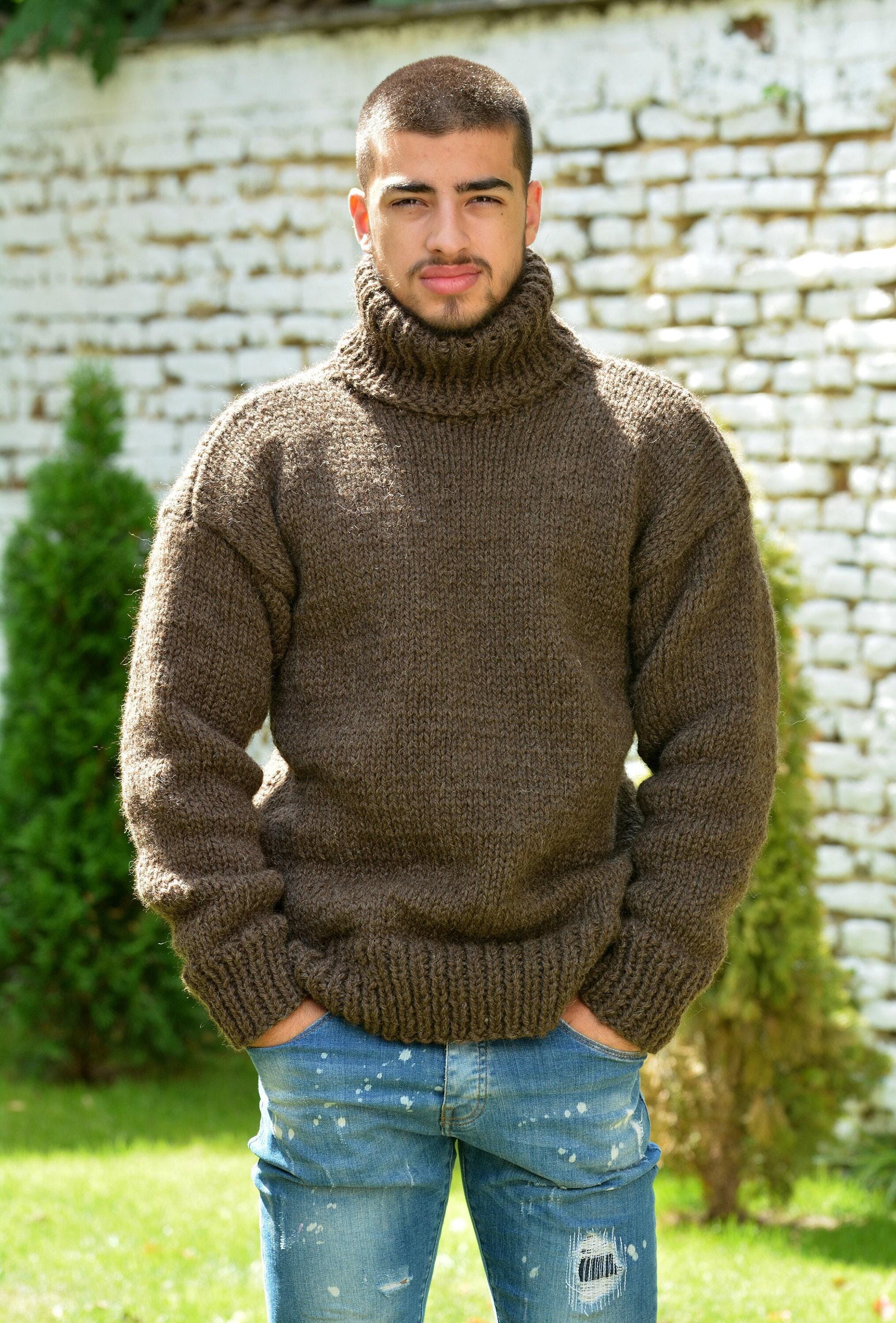 Designer Hand Knitted Wool Sweater Brown Itchy Thick Turtleneck