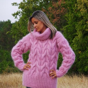 Cable Thick Hand Knit Sweater Mohair Pink Red or Color of your Choice Fuzzy Jumper Turtleneck EXTRAVAGANTZA image 1