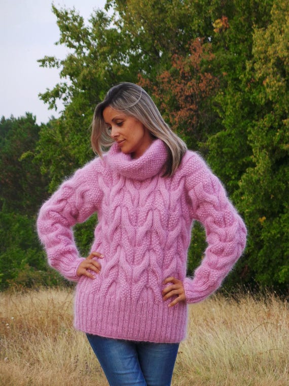 Cable Thick Hand Knit Sweater Mohair Pink Red or Color of your Choice Fuzzy Jumper Turtleneck EXTRAVAGANTZA
