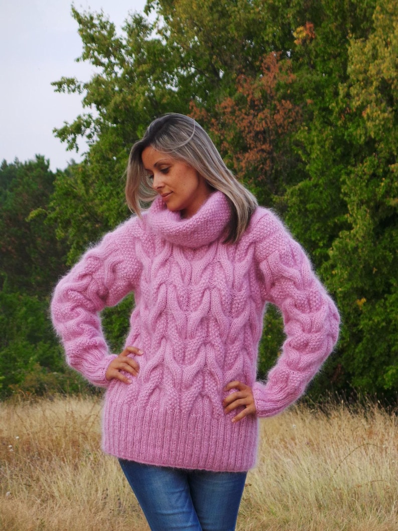Cable Thick Hand Knit Sweater Mohair Pink Red or Color of your Choice Fuzzy Jumper Turtleneck EXTRAVAGANTZA image 1