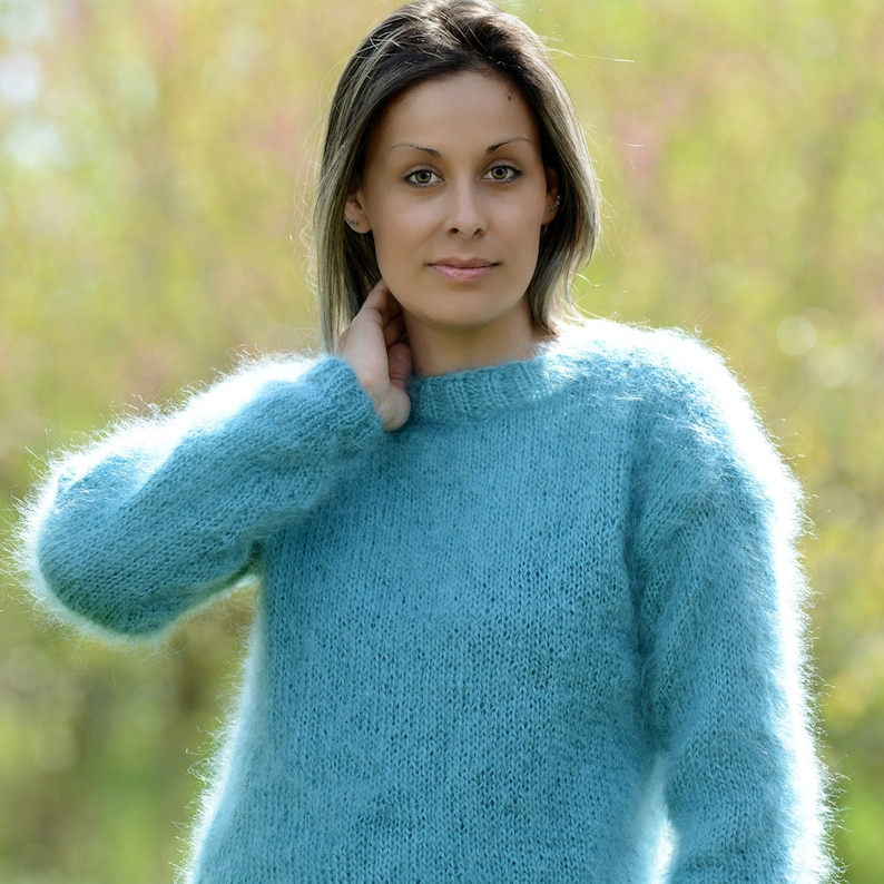 Hand Knit Mohair Sweater Turquoise color Fuzzy Crew neck | Etsy