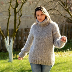 Hand Knitted Mohair Wool Sweater Grey Fuzzy Turtleneck Jumper