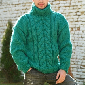 Hand Knitted Wool Sweater, Chunky Jumper, Designer Cable knit Turtleneck, Green Unisex Wool Pullover by Extravagantza image 1