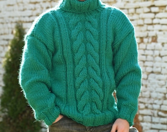 Hand Knitted Wool Sweater, Chunky Green Jumper, Designer Cable knit Turtleneck, Unisex Wool Pullover by Extravagantza, READY to SHIP