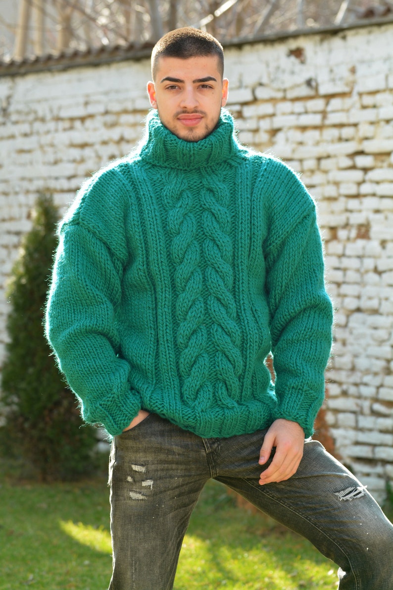 Hand Knitted Wool Sweater, Chunky Jumper, Designer Cable knit Turtleneck, Green Unisex Wool Pullover by Extravagantza image 1