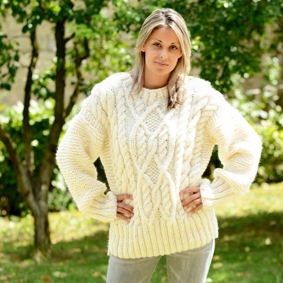 Hand Knitted Pure Wool Sweater White Soft Crew Neck Cable Jumper