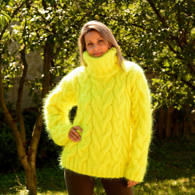 Cable Hand Knitted Mohair Sweater NEON Yellow Color Fuzzy - Etsy