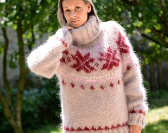 Icelandic turtleneck sweater, Cable knit pullover, Crochet oversize top, Knit wool sweater by EXTRAVAGANTZA