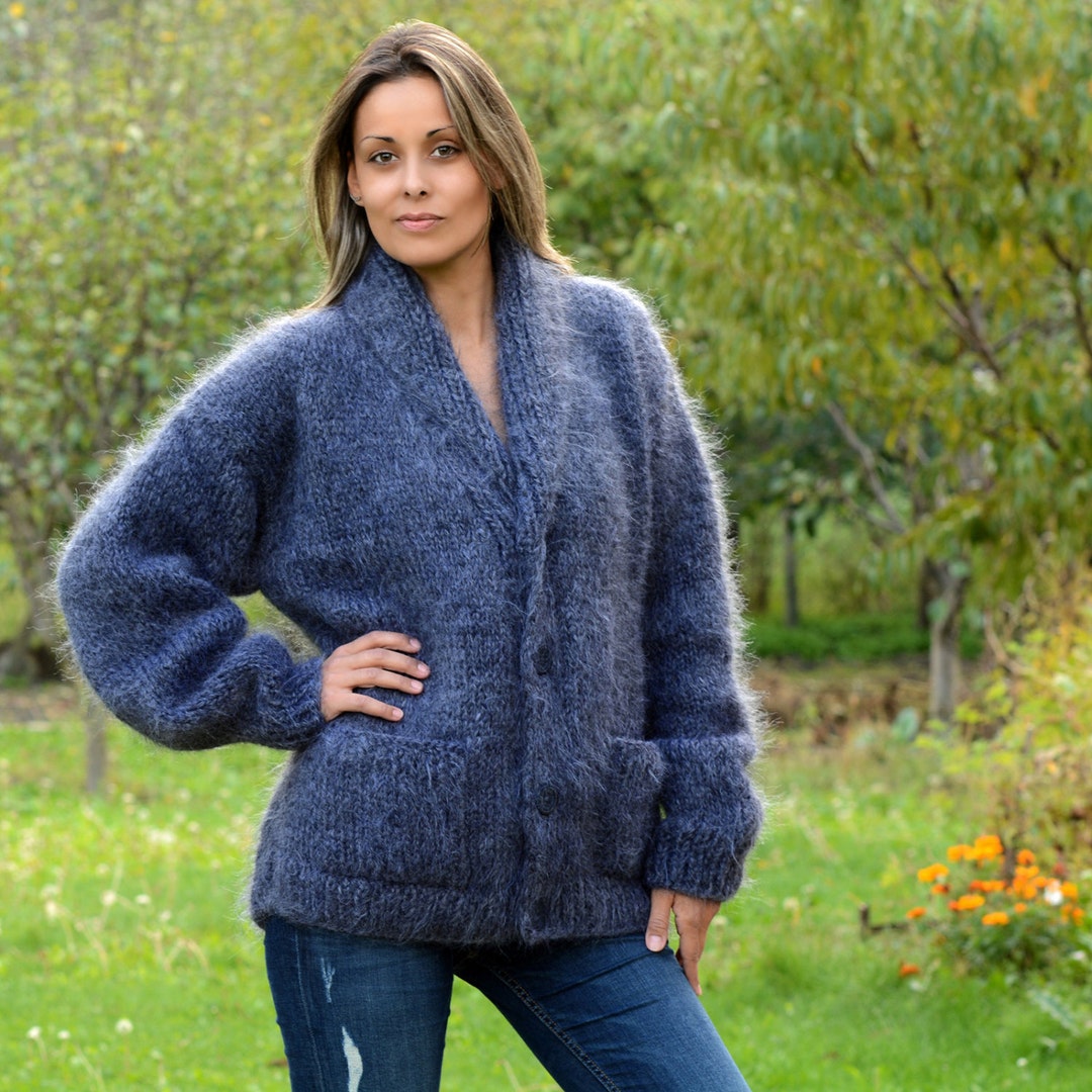 Mohair Cardigan, Shawl Collar Jacket, Dark Grey Thick Fuzzy