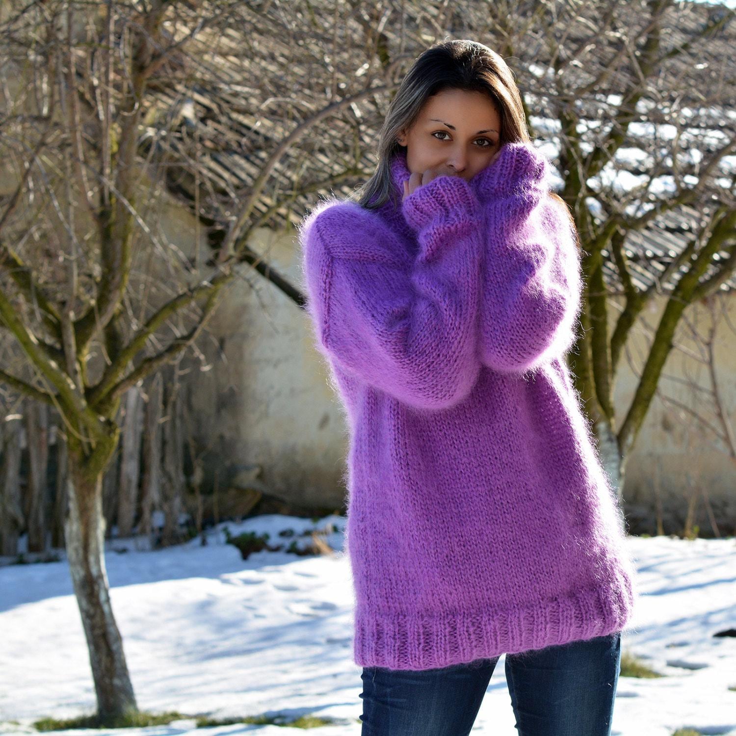 Purple Sweater, Hand Knit Mohair Pullover Fuzzy Turtleneck Jumper